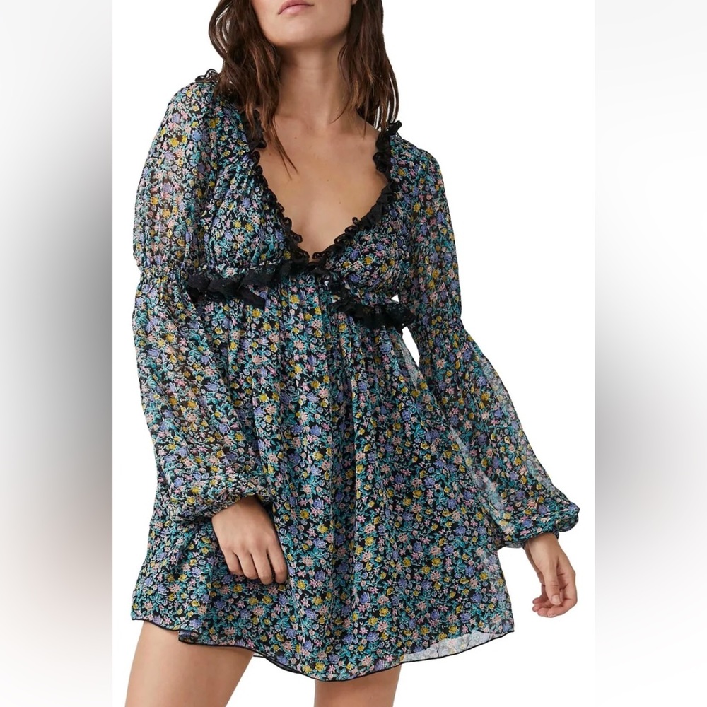 New! Free People Pennie Floral Print Ruffle Long Sleeve Minidress Sz XS